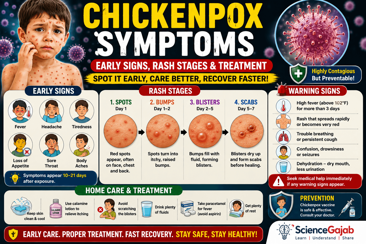 Infographic showing early symptoms of chickenpox, stages of the rash, warning signs, and home care tips with medical illustrations.