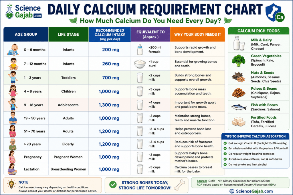 This infographic presents daily calcium requirements across different age groups and life stages, along with food sources and practical absorption tips in a clear, easy-to-read layout.