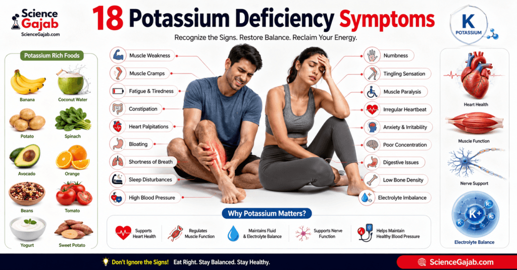 Medical infographic showing common potassium deficiency symptoms including muscle weakness, cramps, fatigue, heart palpitations, and potassium-rich foods.