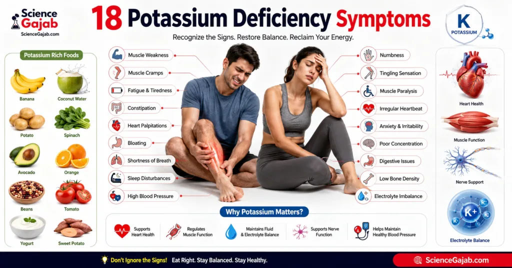Medical infographic showing common potassium deficiency symptoms including muscle weakness, cramps, fatigue, heart palpitations, and potassium-rich foods.