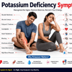 Medical infographic showing common potassium deficiency symptoms including muscle weakness, cramps, fatigue, heart palpitations, and potassium-rich foods.