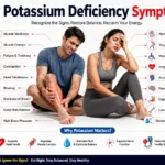 Medical infographic showing common potassium deficiency symptoms including muscle weakness, cramps, fatigue, heart palpitations, and potassium-rich foods.