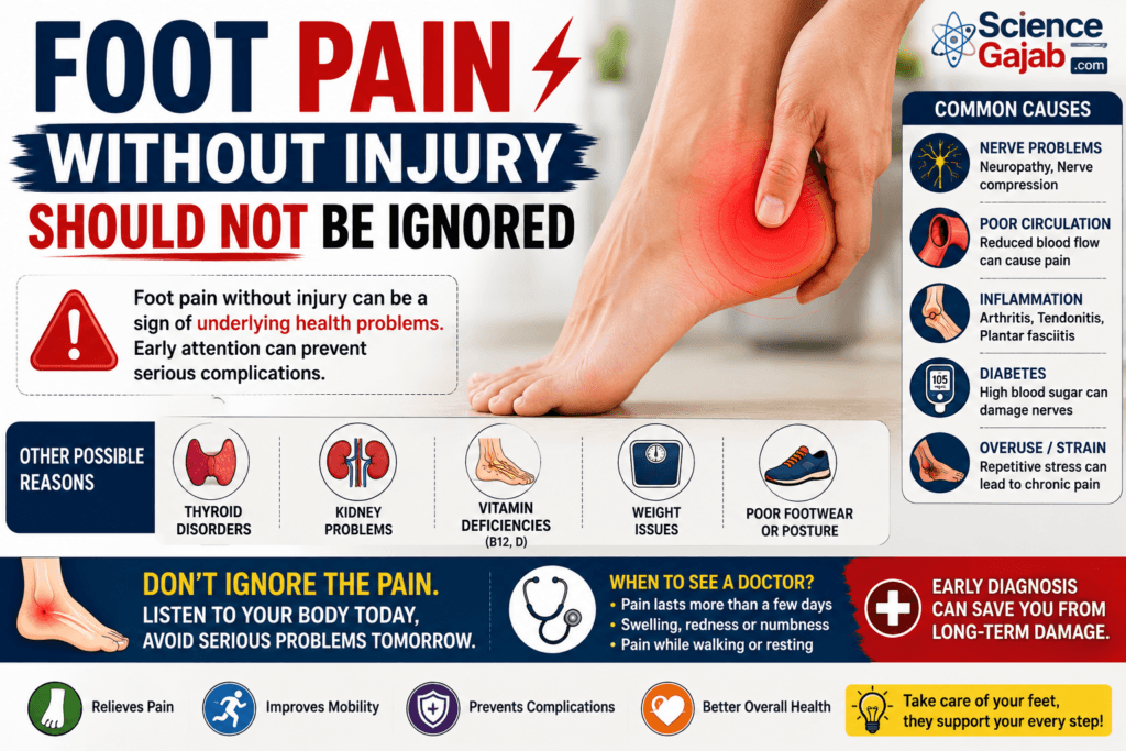 Medical infographic showing unexplained foot pain without injury, with possible causes including nerve problems, poor circulation, inflammation, diabetes, overuse, thyroid or kidney disorders, vitamin deficiencies, weight issues, and improper footwear, plus warning signs for seeking medical care.