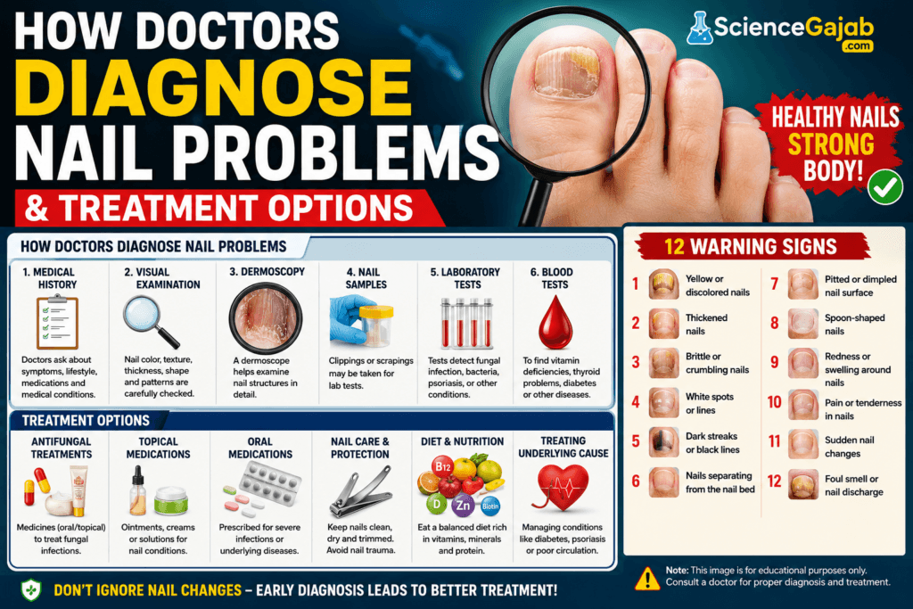 High-CTR medical infographic showing how doctors diagnose nail problems and treatment options, including medical history, visual examination, dermoscopy, nail samples, laboratory and blood tests, antifungal and topical medicines, nail care, nutrition, and treatment of underlying conditions, alongside 12 warning signs of nail disease.