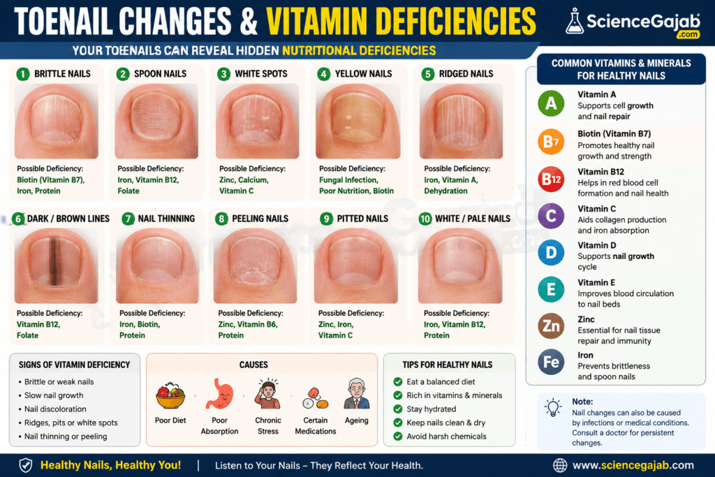 Medical infographic showing common toenail changes potentially associated with vitamin and mineral deficiencies, including brittle nails, spoon nails, white spots, yellow nails, ridges, dark lines, thinning, peeling, pitting, and pale nails, with information about biotin, iron, vitamins A, B12, C, D, E, zinc, and other possible causes.