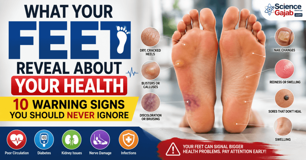 Medical infographic showing 10 warning signs on the feet, including dry cracked heels, blisters, discoloration, nail changes, redness, nonhealing sores, and swelling, highlighting possible health problems such as diabetes, poor circulation, nerve damage, kidney issues, and infections.