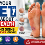 Medical infographic showing 10 warning signs on the feet, including dry cracked heels, blisters, discoloration, nail changes, redness, nonhealing sores, and swelling, highlighting possible health problems such as diabetes, poor circulation, nerve damage, kidney issues, and infections.