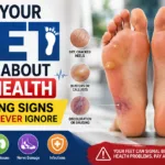 Medical infographic showing 10 warning signs on the feet, including dry cracked heels, blisters, discoloration, nail changes, redness, nonhealing sores, and swelling, highlighting possible health problems such as diabetes, poor circulation, nerve damage, kidney issues, and infections.