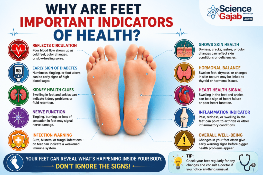 Medical infographic explaining why feet are important indicators of health, highlighting circulation, diabetes, kidney health, nerve function, infections, skin health, hormonal balance, heart health, inflammation, and overall well-being.