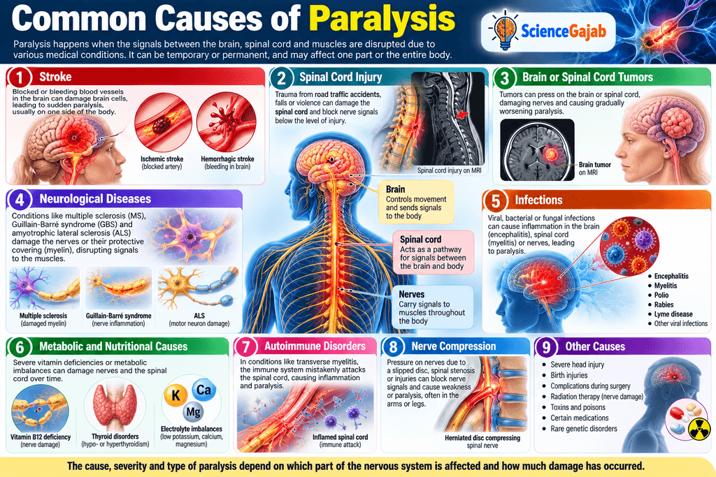 ScienceGajab infographic showing common causes of paralysis, including stroke, spinal cord injury, brain or spinal cord tumors, neurological diseases, infections, metabolic and nutritional disorders, autoimmune conditions, nerve compression, and other causes.