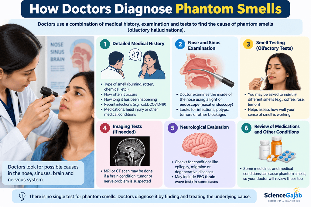 Infographic showing how doctors diagnose phantom smells through medical history, nasal and sinus examination, smell testing, imaging when needed, neurological evaluation, and medication review.