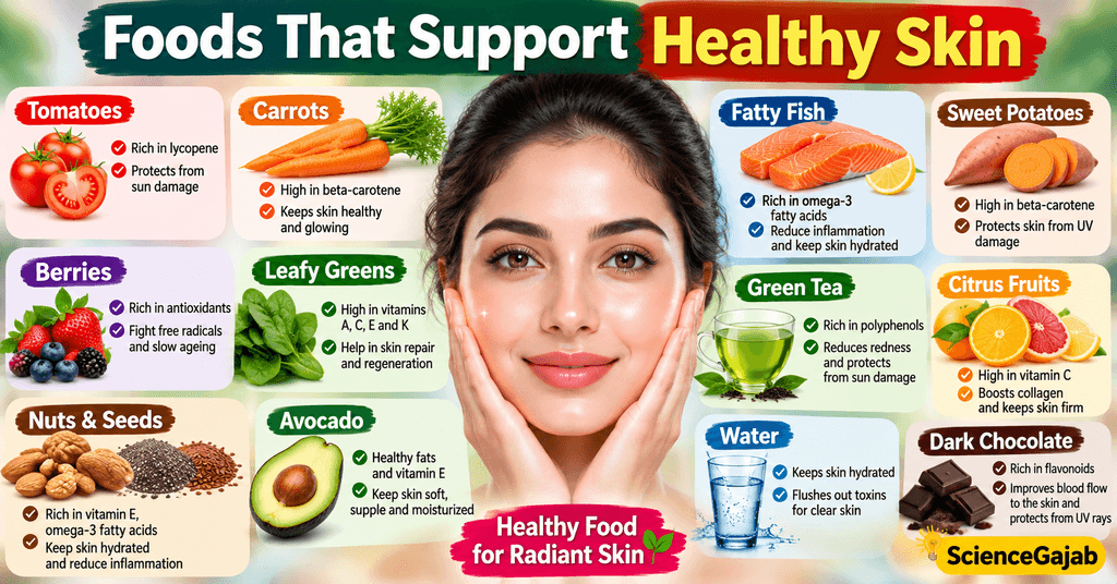 Foods that support healthy skin, including tomatoes, carrots, berries, leafy greens, fatty fish, sweet potatoes, nuts and seeds, avocado, citrus fruits, green tea, water, and dark chocolate.
