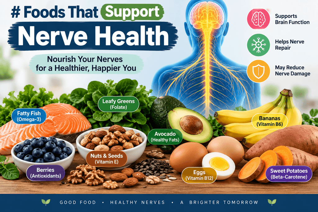 Foods that support nerve health, including salmon, leafy greens, berries, nuts, avocado, bananas, eggs, and sweet potatoes.