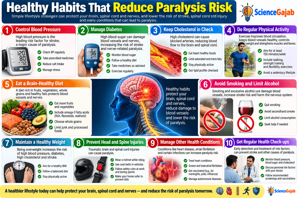 ScienceGajab infographic showing healthy habits that may reduce paralysis risk, including controlling blood pressure, managing diabetes and cholesterol, exercising regularly, eating a brain-healthy diet, avoiding smoking and excessive alcohol, maintaining a healthy weight, preventing head and spine injuries, managing health conditions, and getting regular check-ups.
