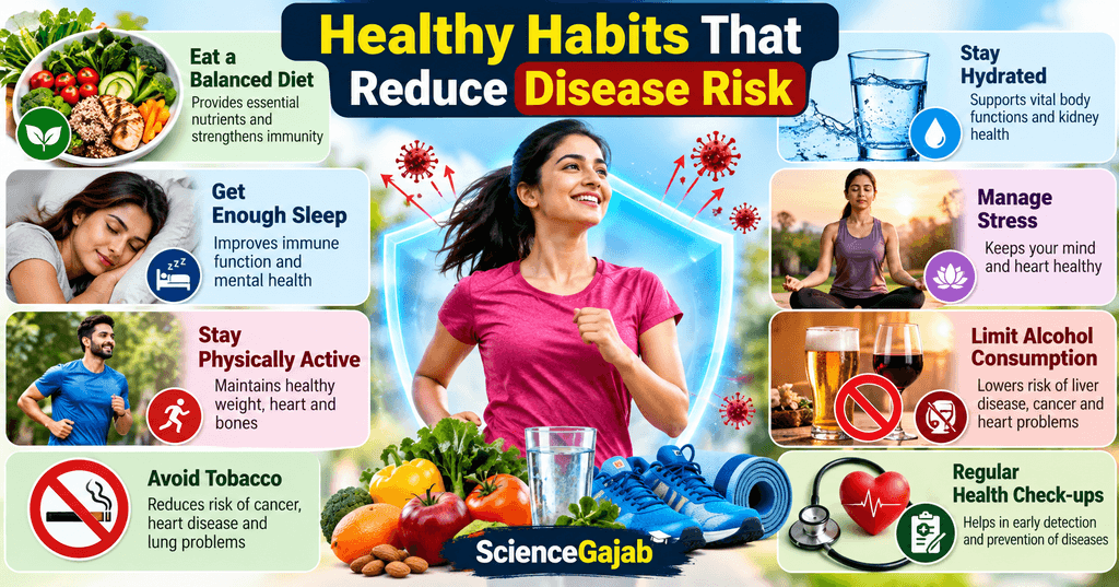 Healthy Habits for Disease Prevention .Healthy habits that reduce disease risk, including a balanced diet, regular exercise, adequate sleep, hydration, stress management, avoiding tobacco, limiting alcohol, and routine health check-ups.