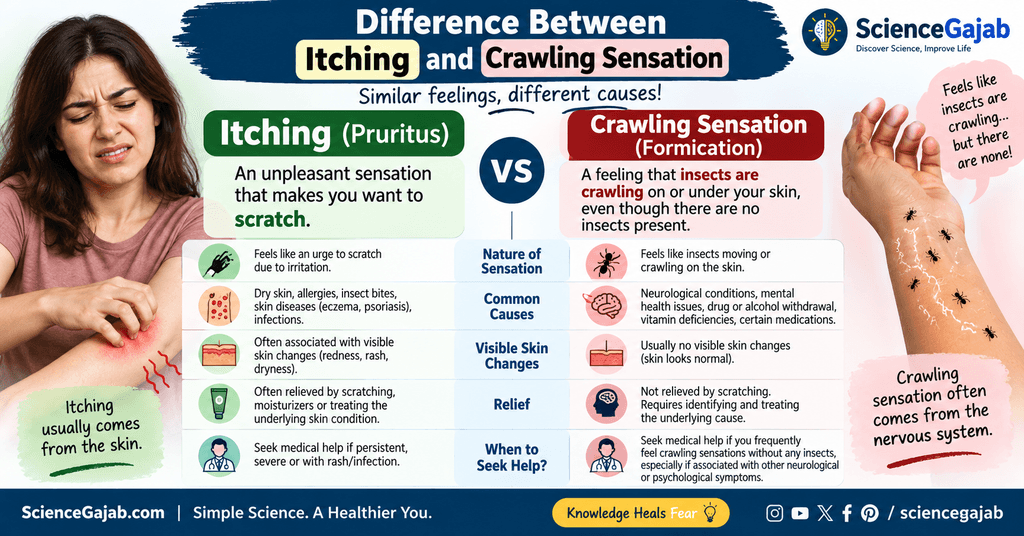 Difference between itching and crawling sensation (formication), comparing their symptoms, causes, visible skin changes, relief, and when to seek medical help.