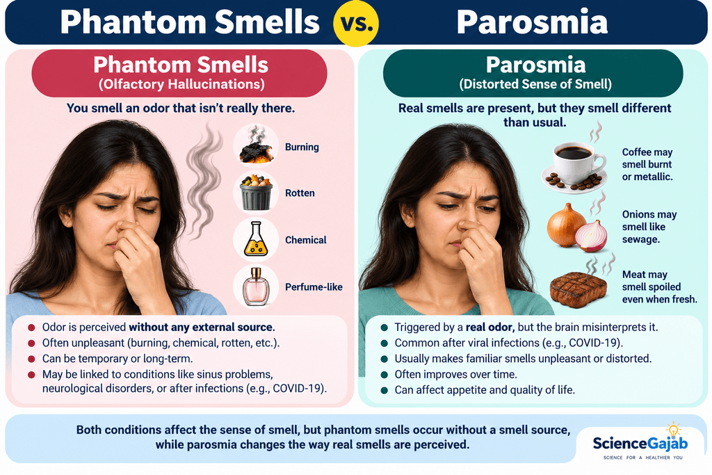 Infographic comparing phantom smells and parosmia: phantom smells occur without an external odor source, while parosmia distorts the smell of real odors.