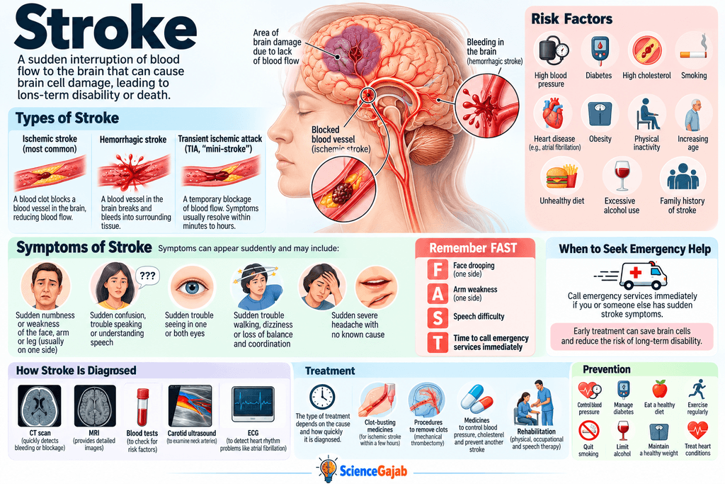 ScienceGajab infographic explaining stroke, including ischemic and hemorrhagic stroke, warning symptoms using FAST, major risk factors, emergency signs, diagnostic tests, treatment options, and prevention measures.