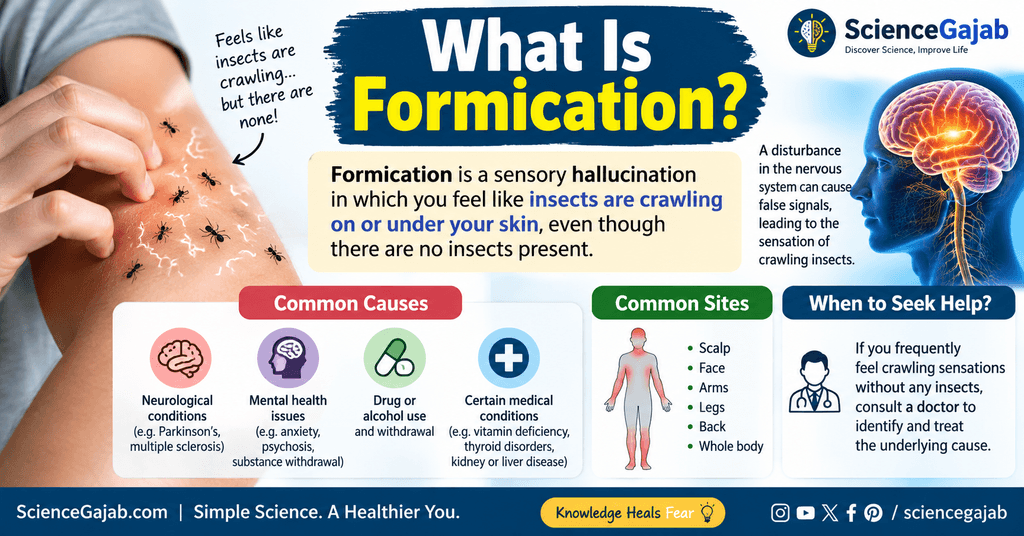 What is formication? Medical infographic showing the sensation of insects crawling on or under the skin despite no insects being present, with common causes, body locations, and when to seek medical help.