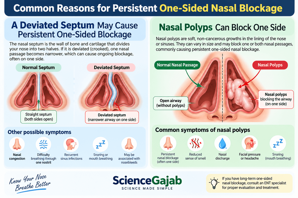 Medical infographic showing how a deviated nasal septum can narrow one nasal passage and how nasal polyps can obstruct one side, causing persistent one-sided nasal blockage.