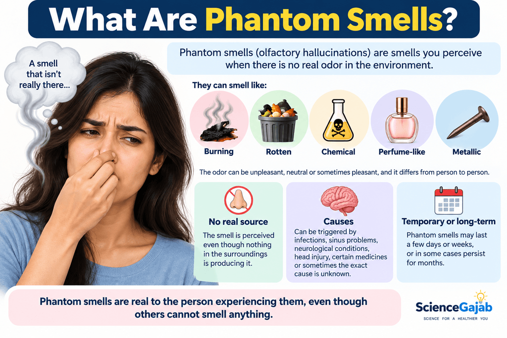 Infographic explaining phantom smells as odors perceived without a real source, showing common sensations such as burning, rotten, chemical, perfume-like, and metallic smells, along with possible causes and duration.