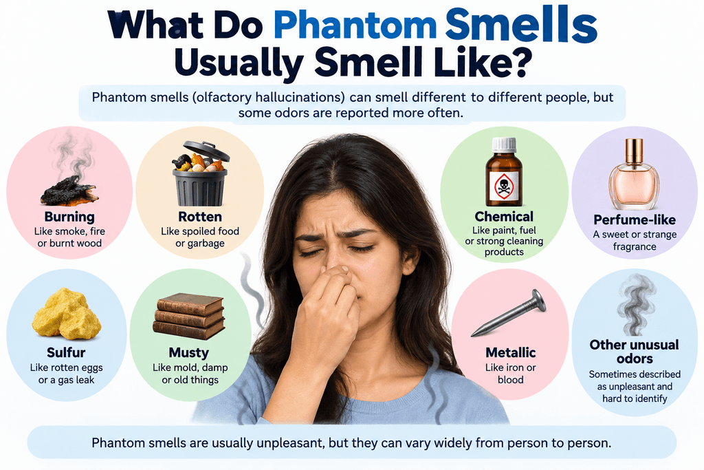 Phantom smells may resemble burning, rotten, chemical, perfume-like, sulfur, musty, or metallic odors, with a woman experiencing an unpleasant phantom smell.