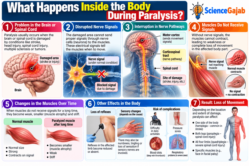 ScienceGajab infographic explaining what happens inside the body during paralysis, showing brain or spinal cord damage, disrupted nerve signals, interrupted motor pathways, loss of muscle contraction, muscle atrophy, sensory and reflex changes, complications, and different patterns of movement loss.