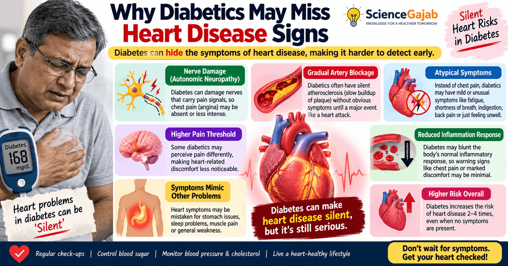 Why people with diabetes may miss heart disease signs, showing diabetic nerve damage, silent artery blockage, atypical symptoms, and reduced pain sensation.