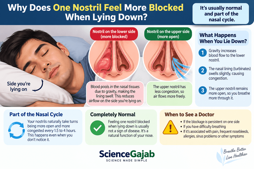 Medical infographic explaining why one nostril feels more blocked when lying down, showing gravity, nasal tissue swelling, and the natural nasal cycle causing greater congestion on the lower side.