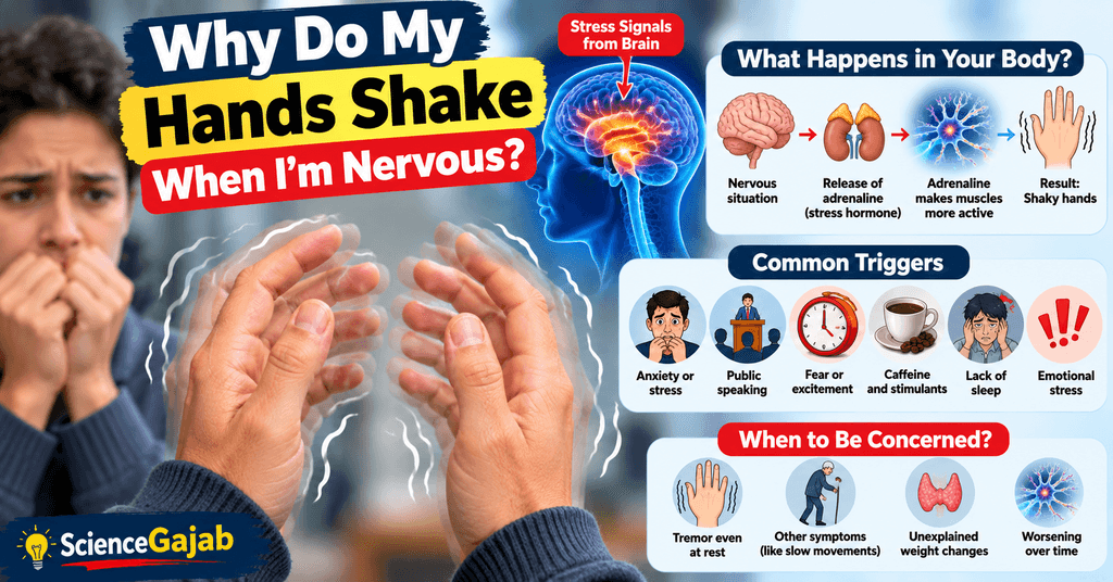 âWhy do my hands shake when Iâm nervous? Medical infographic showing how stress triggers adrenaline and muscle activity, with common triggers such as anxiety, public speaking, fear, caffeine, lack of sleep, and emotional stress.â