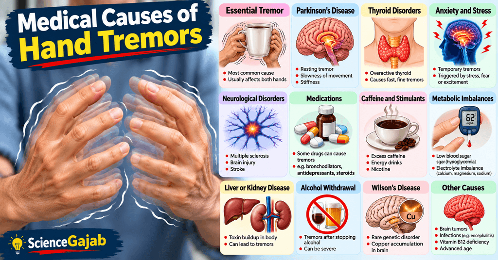 âMedical causes of hand tremors infographic showing trembling hands and causes including essential tremor, Parkinsonâs disease, thyroid disorders, anxiety, neurological disorders, medications, caffeine, metabolic imbalances, liver or kidney disease, alcohol withdrawal, and Wilsonâs disease.â