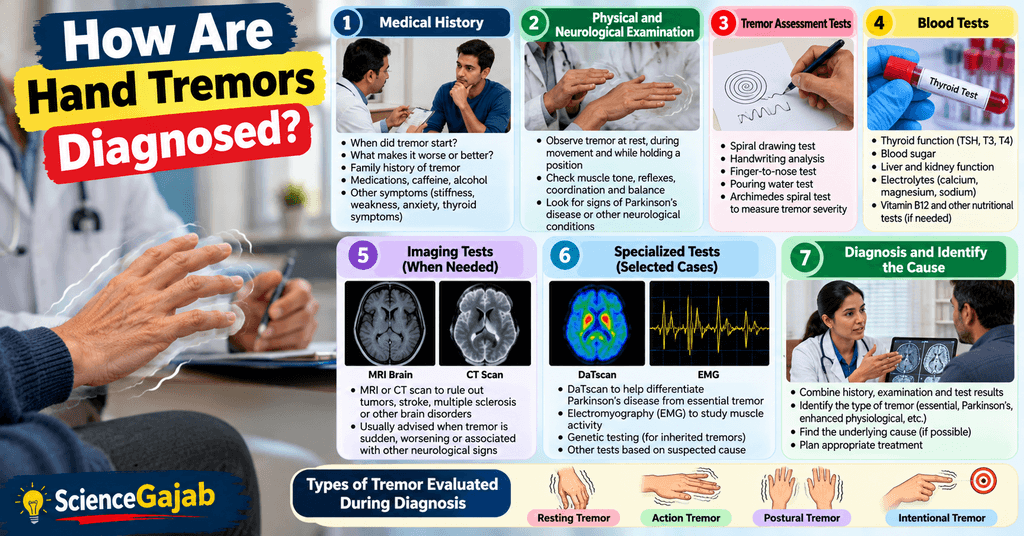 âHow are hand tremors diagnosed? Medical infographic showing diagnosis through medical history, neurological examination, tremor assessment tests, blood tests, MRI or CT imaging, specialized tests, and identification of the underlying cause.â