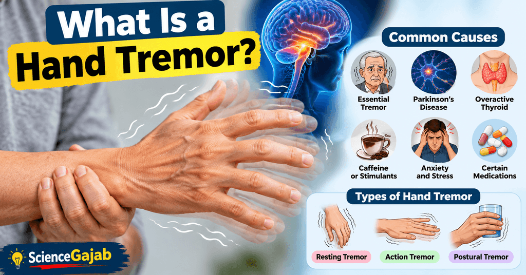 âWhat Is a Hand Tremor? â medical infographic showing a shaking hand, common causes such as essential tremor, Parkinsonâs disease, overactive thyroid, caffeine, stress and medications, plus resting, action and postural tremor types.â