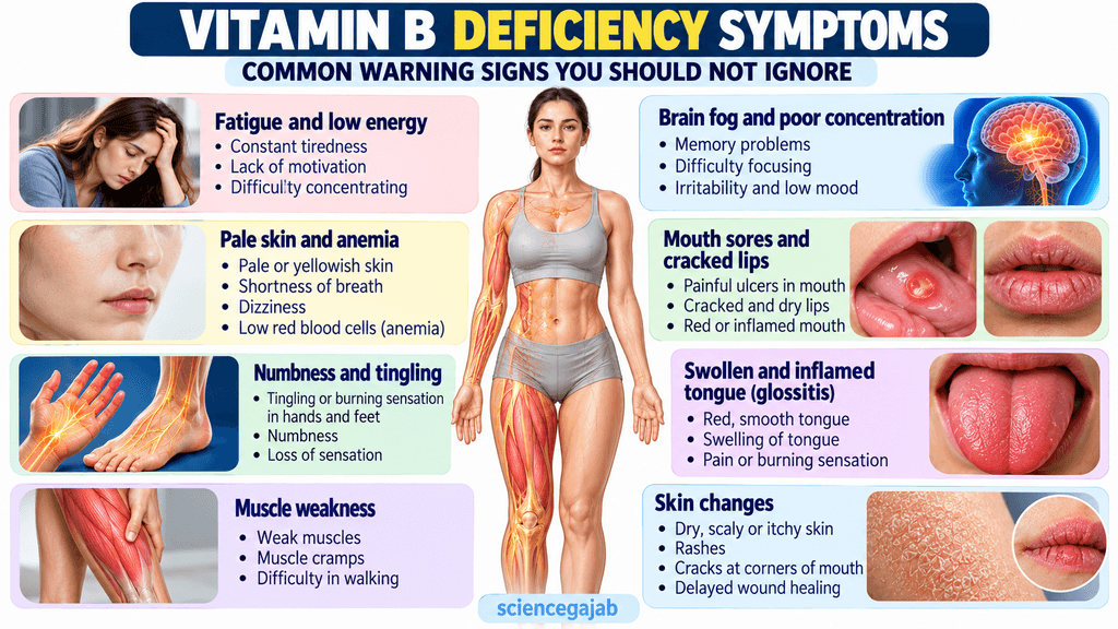 Common vitamin B deficiency symptoms including fatigue tingling anemia and mouth sores