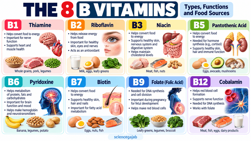 Eight B vitamins B1 B2 B3 B5 B6 B7 B9 and B12 and their functions