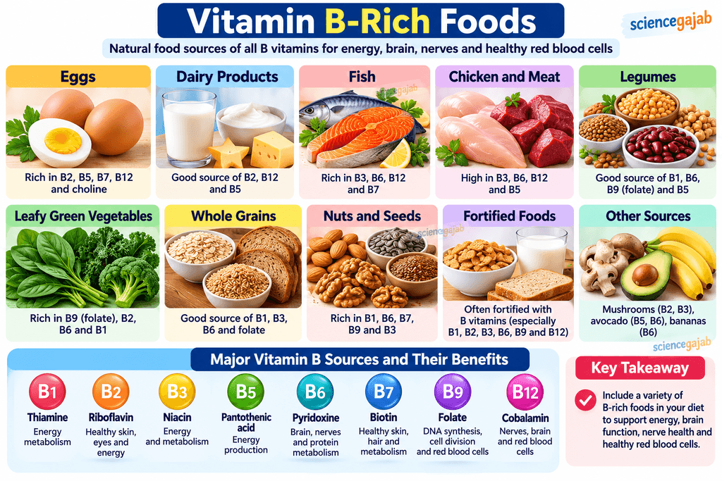 Foods rich in B vitamins including eggs fish legumes leafy greens and whole grains