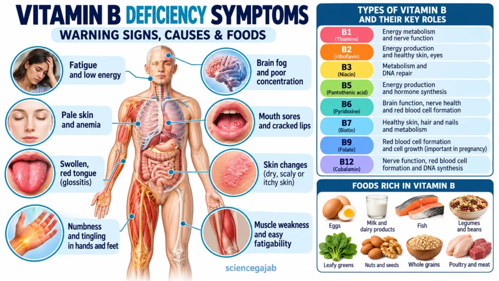 Vitamin B deficiency symptoms including fatigue, anemia, numbness, mouth changes and weakness