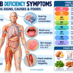 Vitamin B deficiency symptoms including fatigue, anemia, numbness, mouth changes and weakness