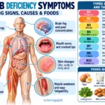Vitamin B deficiency symptoms including fatigue, anemia, numbness, mouth changes and weakness
