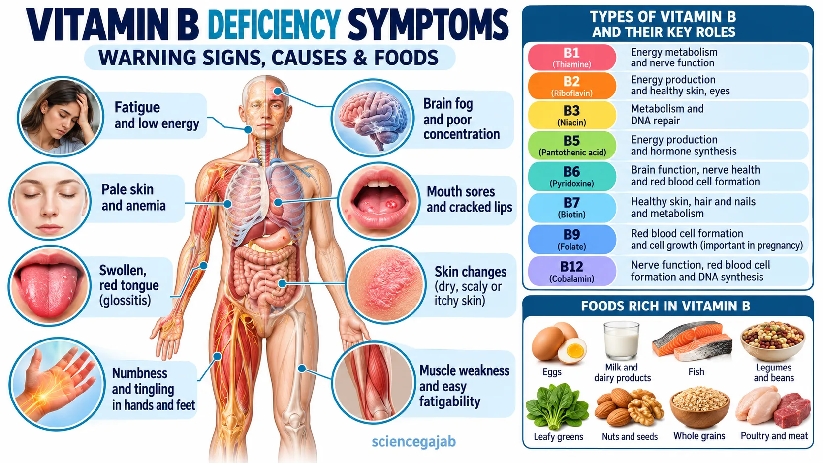 Vitamin B deficiency symptoms including fatigue, anemia, numbness, mouth changes and weakness