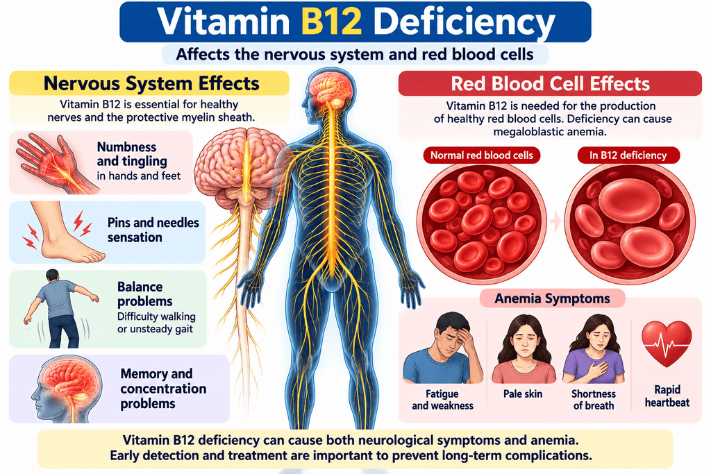 Vitamin B12 deficiency symptoms affecting nerves and red blood cells